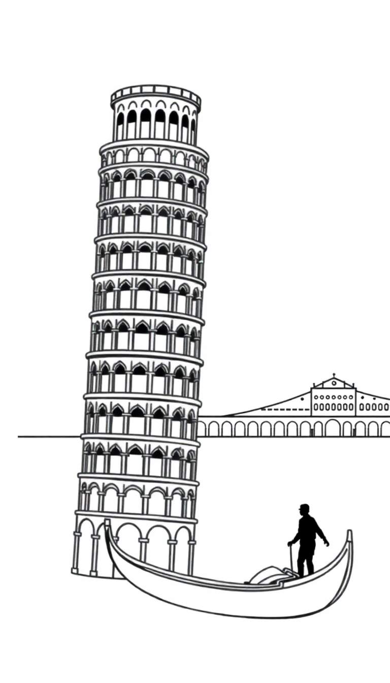 Zwart-wit lijntekening kleurplaat van de Scheve Toren van Pisa, een gondel met gondelier en de Rialtobrug, geplaatst in een waterlandschap.