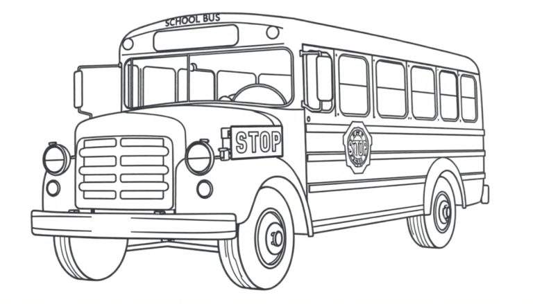 Zwart-wit lijntekening van een klassieke schoolbus, klaar om ingekleurd te worden. De bus toont de voorkant en zijkant, met zichtbare ramen, wielen, koplampen en twee stopborden.