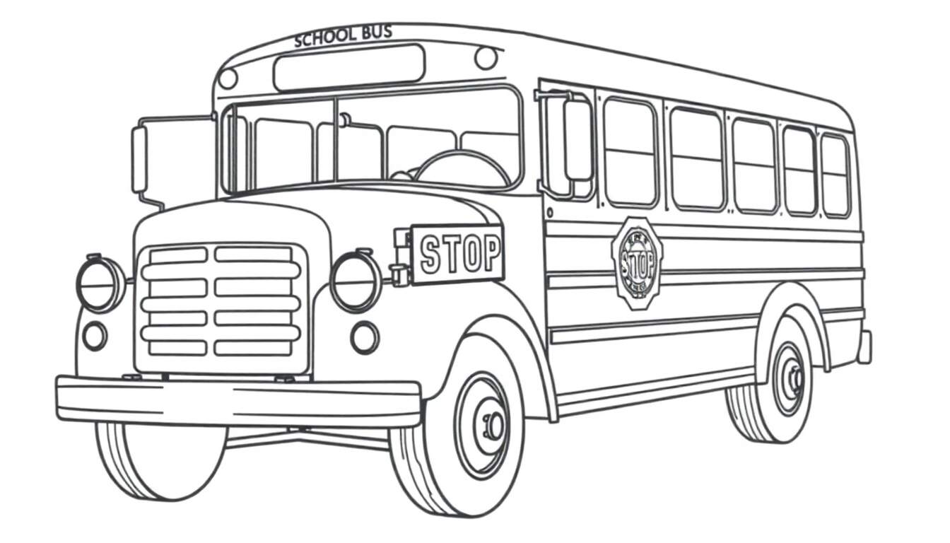 Zwart-wit lijntekening van een klassieke schoolbus, klaar om ingekleurd te worden. De bus toont de voorkant en zijkant, met zichtbare ramen, wielen, koplampen en twee stopborden.