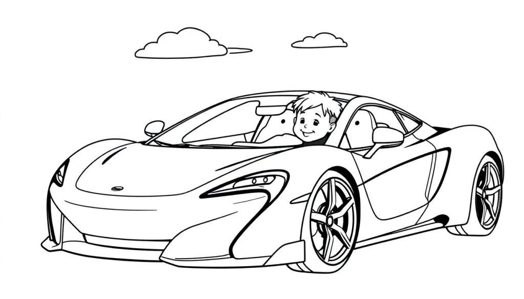 Zwart-wit lijntekening van een gestroomlijnde sportauto, vergelijkbaar met een McLaren, met een vrolijke jongen met stekelig haar die erin zit. Twee wolken zweven aan de horizon.