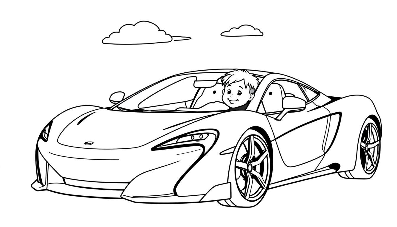 Zwart-wit lijntekening van een gestroomlijnde sportauto, vergelijkbaar met een McLaren, met een vrolijke jongen met stekelig haar die erin zit. Twee wolken zweven aan de horizon.