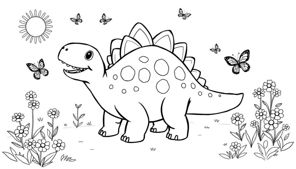 Kleurplaat van een grote, lachende Stegosaurus met rugplaten, omringd door bloemen, planten, vlinders en een zonnetje.