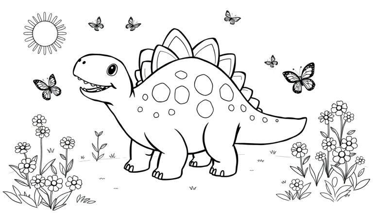 Kleurplaat van een grote, lachende Stegosaurus met rugplaten, omringd door bloemen, planten, vlinders en een zonnetje.
