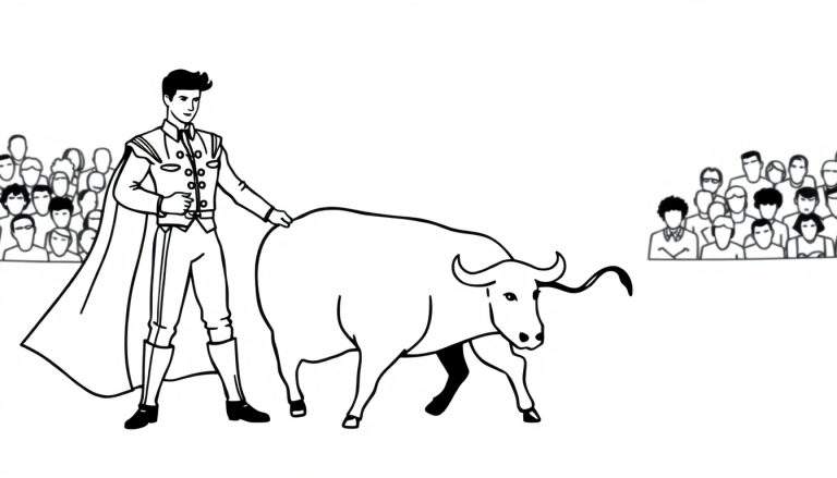 Zwart-wit kleurplaat van een stierenvechter met cape die een stier begeleidt in een arena, met getekend publiek.