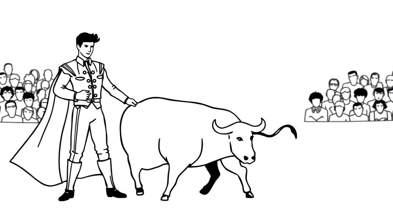 Zwart-wit kleurplaat van een stierenvechter met cape die een stier begeleidt in een arena, met getekend publiek.