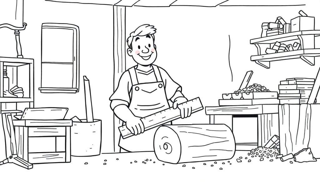 Zwart-witte lijntekening van een timmerman met glimlach die een boomstam meet in een werkplaats vol gereedschap, zaagsel en hout.