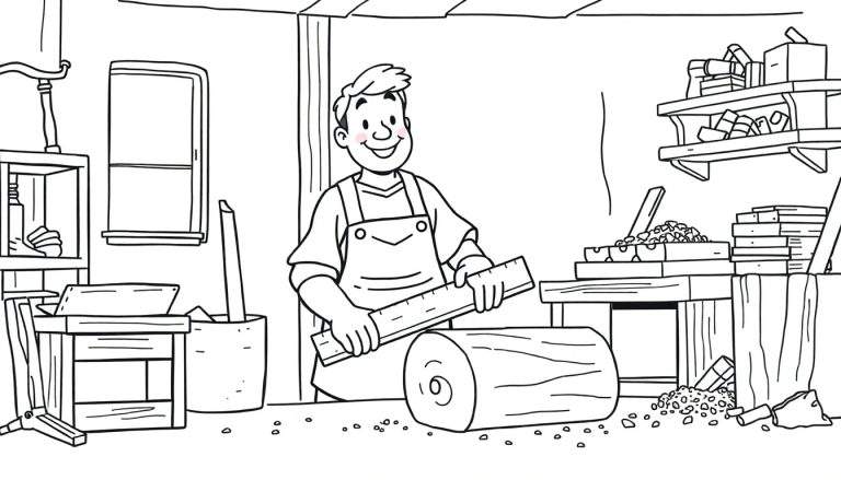 Zwart-witte lijntekening van een timmerman met glimlach die een boomstam meet in een werkplaats vol gereedschap, zaagsel en hout.