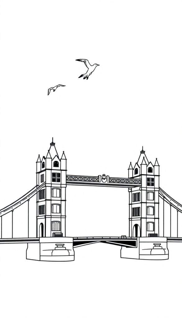 Zwart-wit kleurplaat van de Tower Bridge in Londen met twee meeuwen erboven.