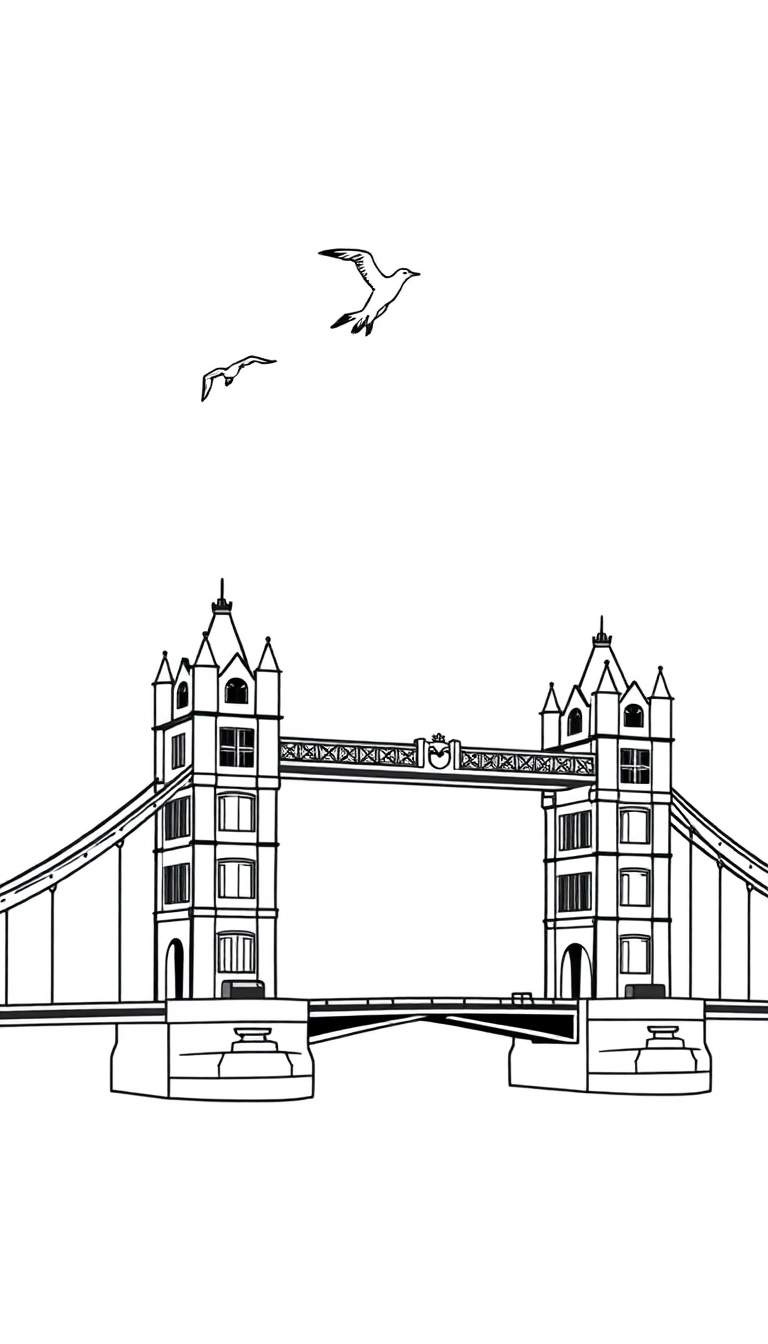 Zwart-wit kleurplaat van de Tower Bridge in Londen met twee meeuwen erboven.