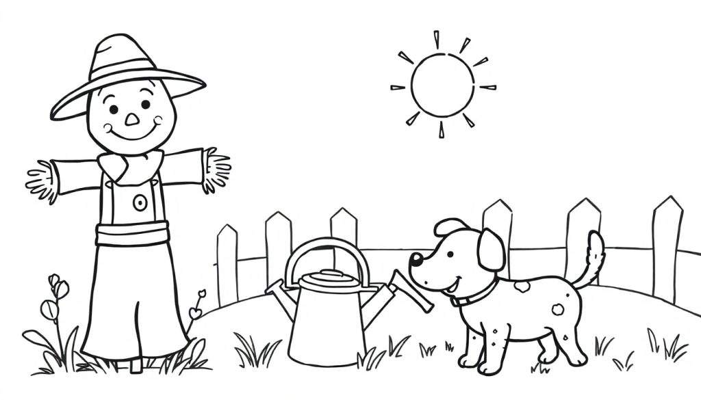 Kleurplaat van een vogelverschrikker met uitgestrekte armen, een hond met vlekken en een halsband, een gieter, een laag houten hek, plantjes en een zon met stralen in een tuin.