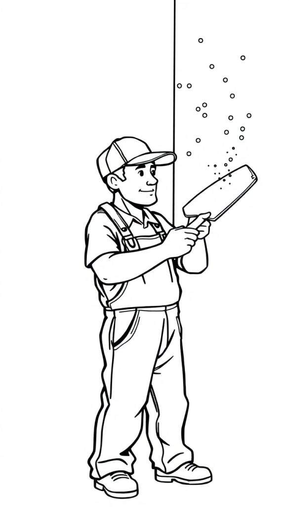 Zwart-wit lijntekening van een vrolijke man die pleisterwerk aanbrengt op een muur, met een petje, T-shirt en tuinbroek. Hij houdt een pleisterbord en troffel vast.