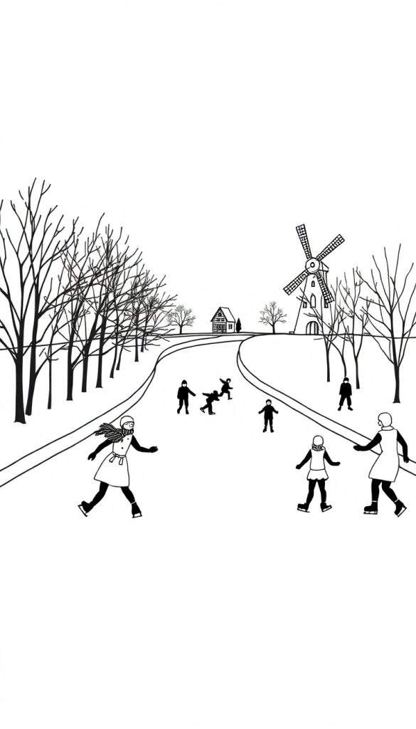 Zwart-wit kleurplaat van een Nederlands winterlandschap met schaatsende mensen, kale bomen, een huisje en een windmolen.