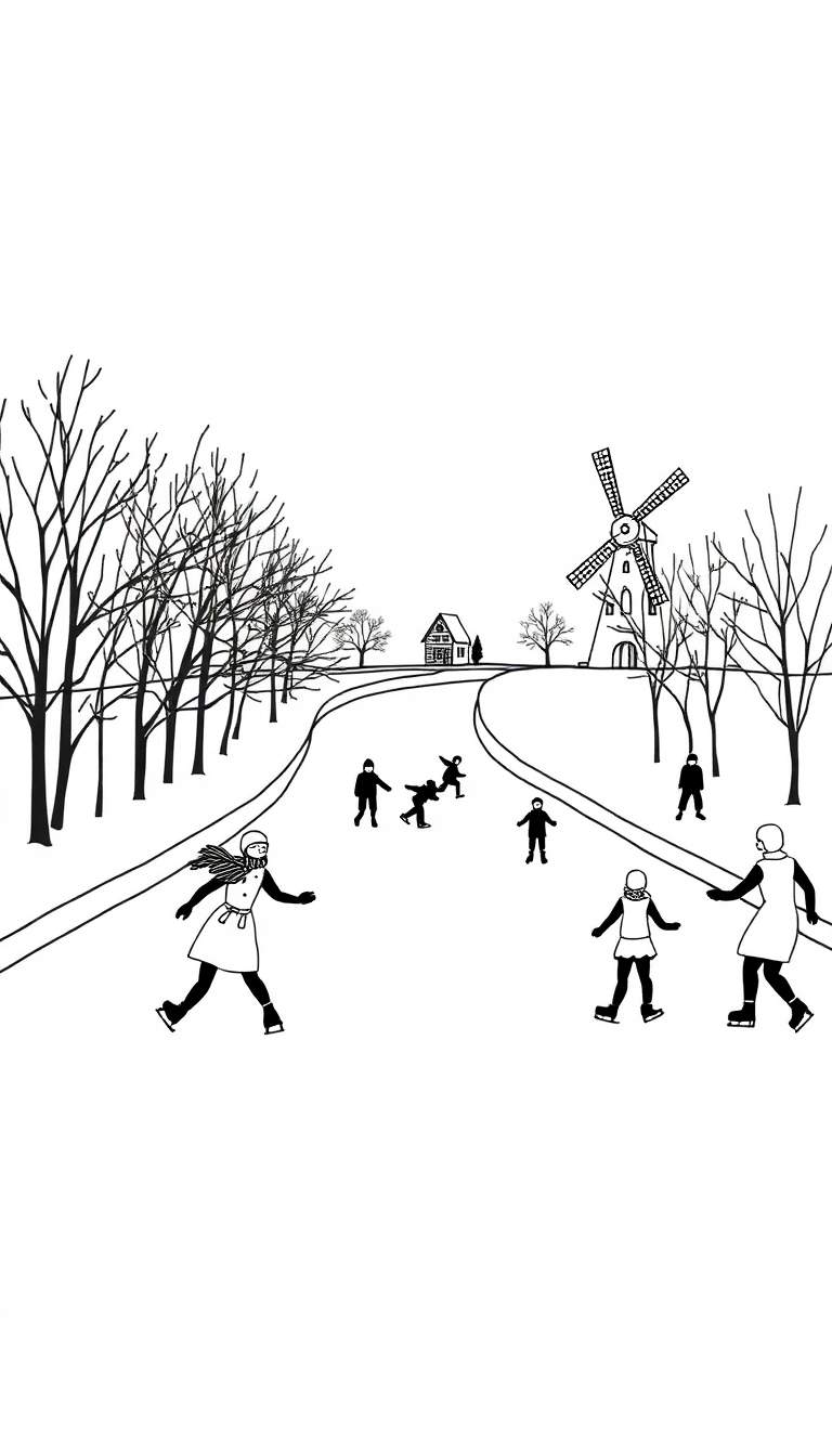 Zwart-wit kleurplaat van een Nederlands winterlandschap met schaatsende mensen, kale bomen, een huisje en een windmolen.