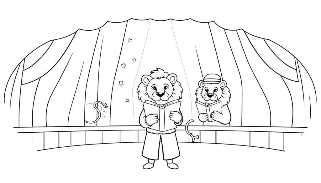 Kleurplaat van twee leeuwen die lezen op een podium in een circustent.