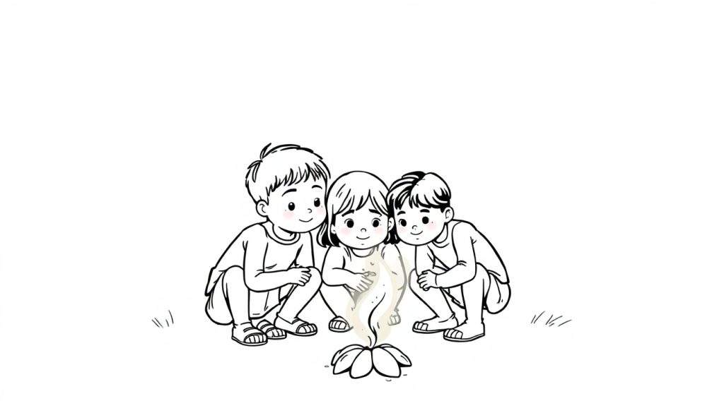 Kleurplaat van drie kinderen die verwonderd kijken naar een gloeiende bloem.