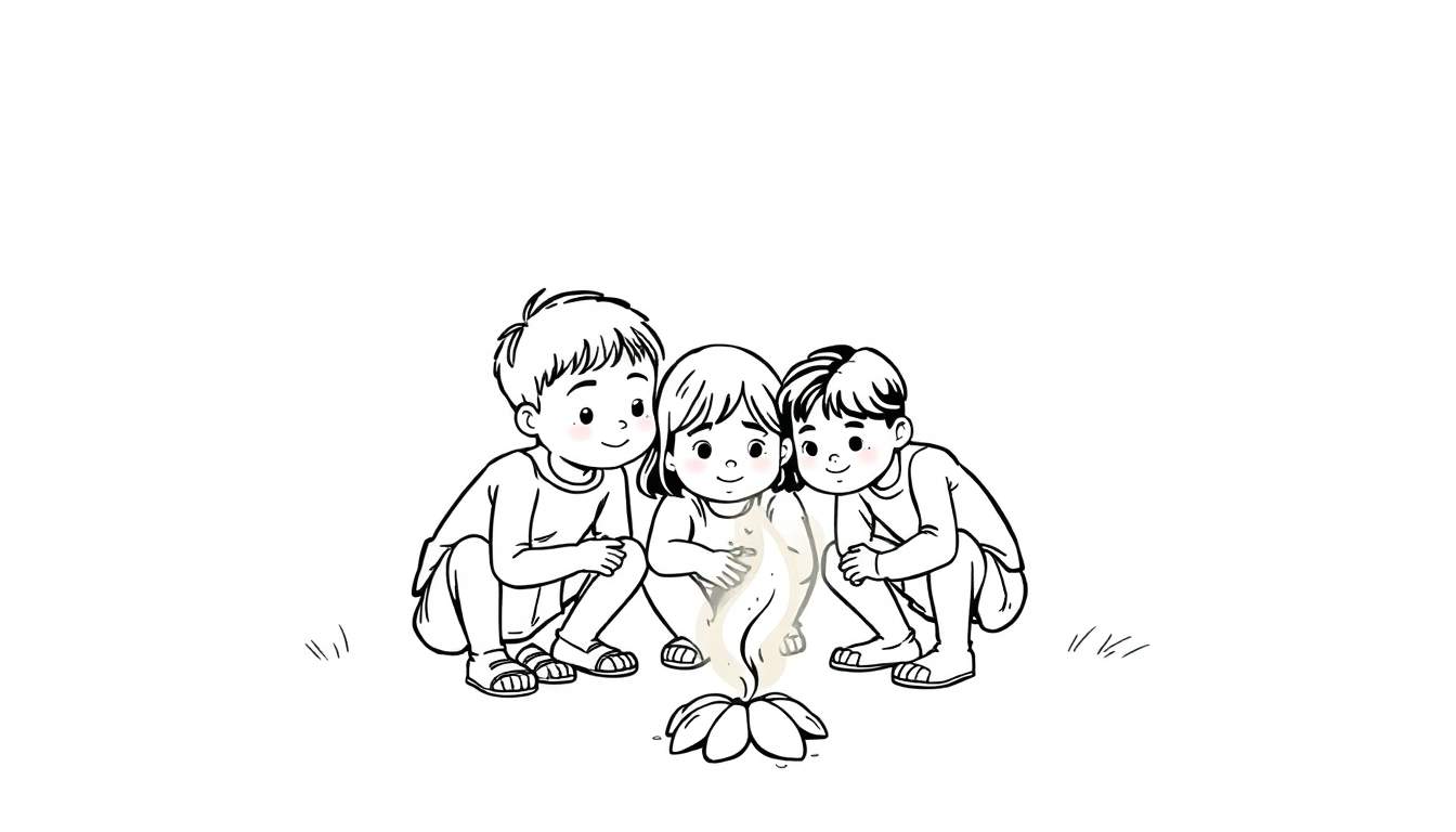 Kleurplaat van drie kinderen die verwonderd kijken naar een gloeiende bloem.