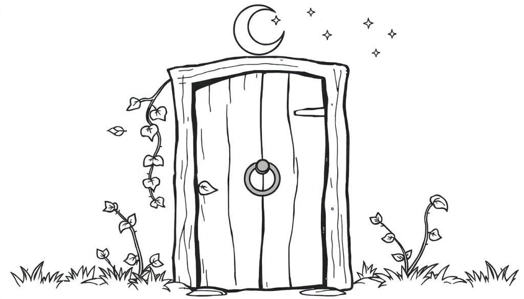 Zwart-wit lijntekening van een houten deur met een ronde deurklopper, klimop, gras, een halve maan en sterren. Kleurplaat.