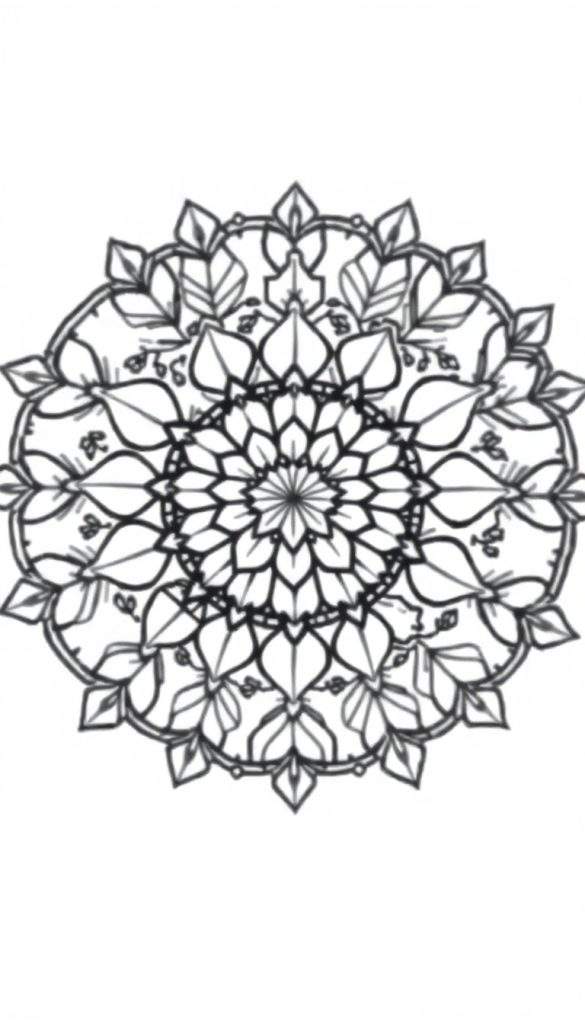 Zwart-wit mandala kleurplaat met gestileerde bloemblaadjes die vanuit het midden stralen.
