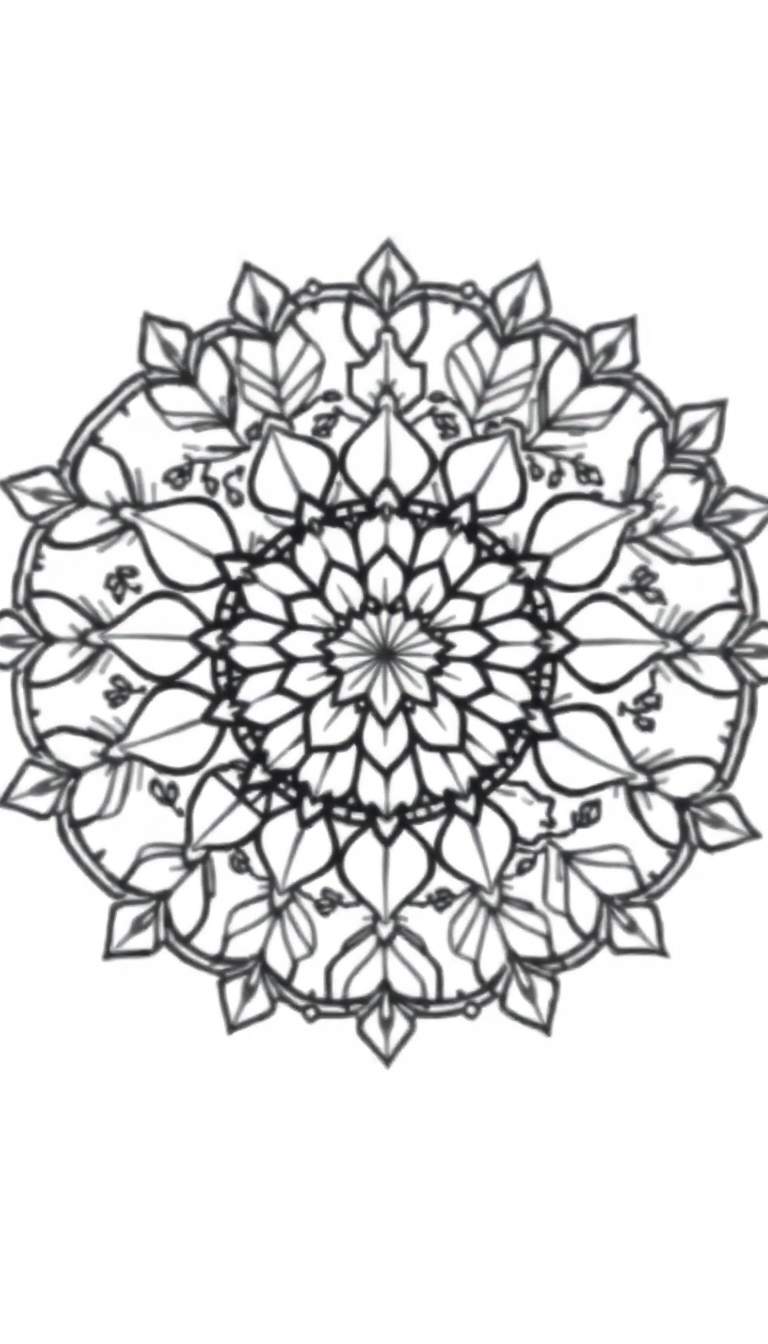 Zwart-wit mandala kleurplaat met gestileerde bloemblaadjes die vanuit het midden stralen.