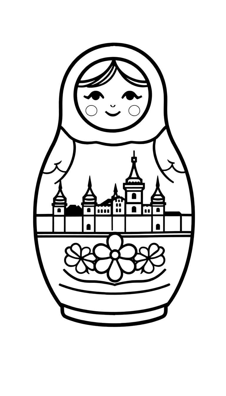 Zwart-wit lijntekening van een Matroesjka pop met een lachend gezicht, een stadsgezicht op haar lichaam en bloemen aan de onderkant, klaar om ingekleurd te worden.