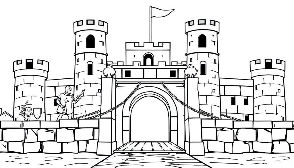 Kleurplaat van een middeleeuws kasteel met torens, kantelen, een ophaalbrug, twee ridders, en schaapachtige figuren op de muur.