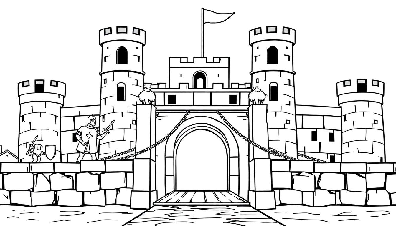 Kleurplaat van een middeleeuws kasteel met torens, kantelen, een ophaalbrug, twee ridders, en schaapachtige figuren op de muur.