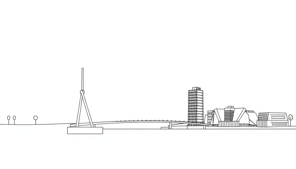 Minimalistische lijntekening van een stadsgezicht met een brug, wolkenkrabber, moderne gebouwen en bomen.