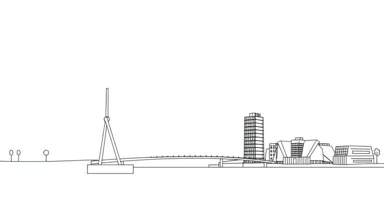 Minimalistische lijntekening van een stadsgezicht met een brug, wolkenkrabber, moderne gebouwen en bomen.