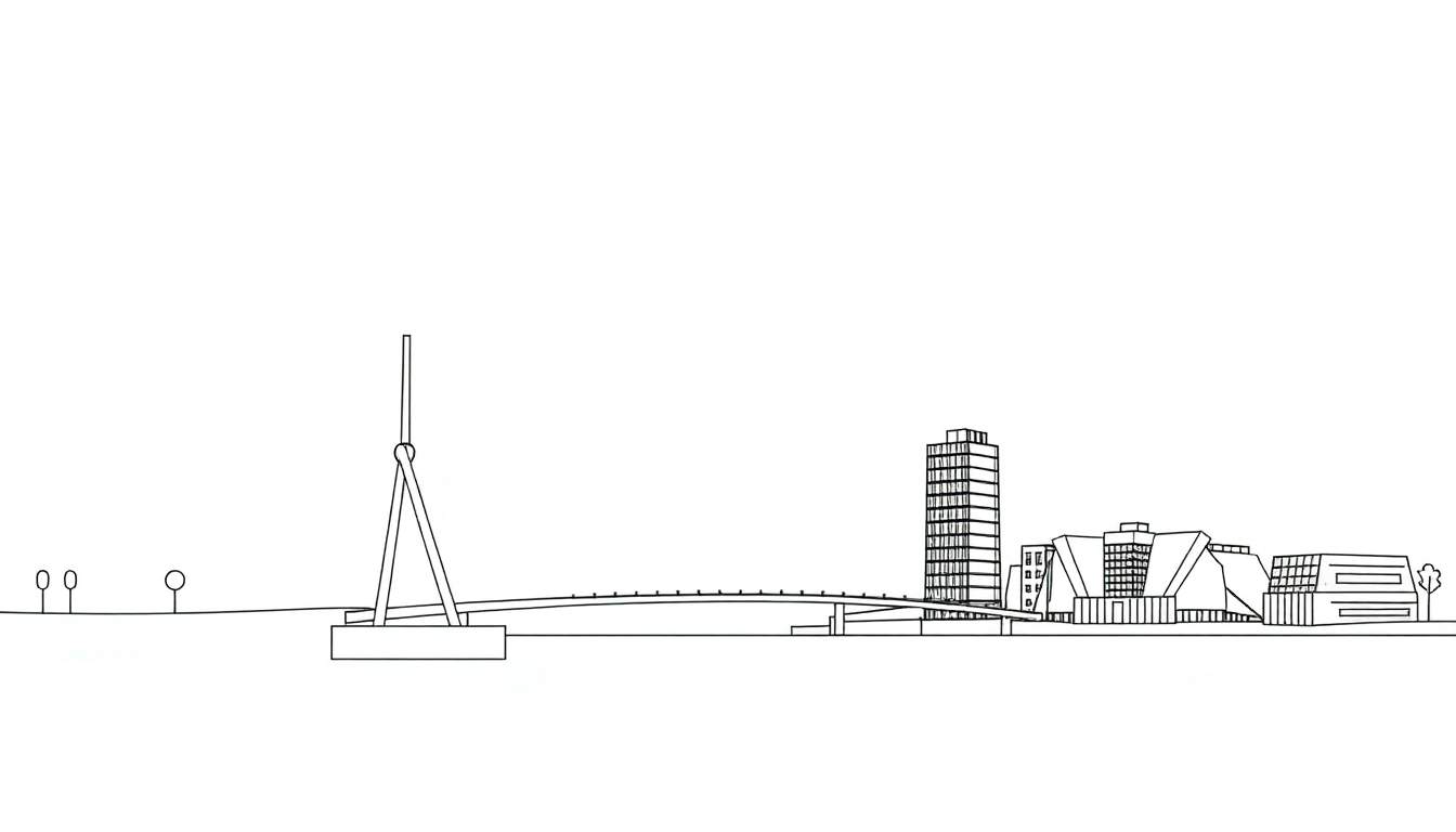 Minimalistische lijntekening van een stadsgezicht met een brug, wolkenkrabber, moderne gebouwen en bomen.