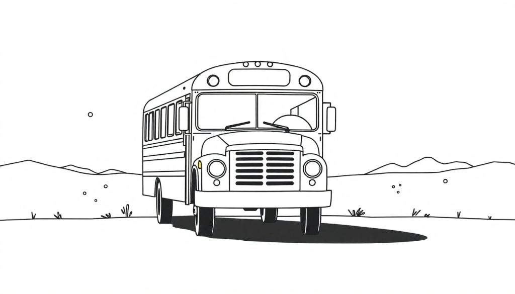Minimalistische zwart-wit lijntekening van een Amerikaanse schoolbus in een open landschap met heuvels op de achtergrond. De bus is van voren gezien en heeft ronde koplampen en een grille.