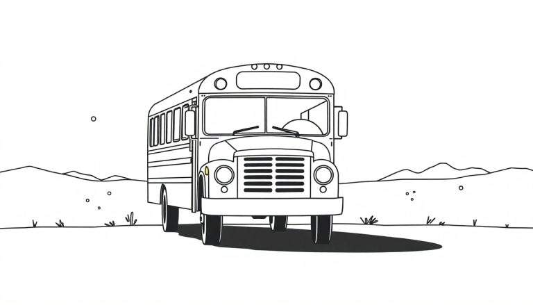 Minimalistische zwart-wit lijntekening van een Amerikaanse schoolbus in een open landschap met heuvels op de achtergrond. De bus is van voren gezien en heeft ronde koplampen en een grille.