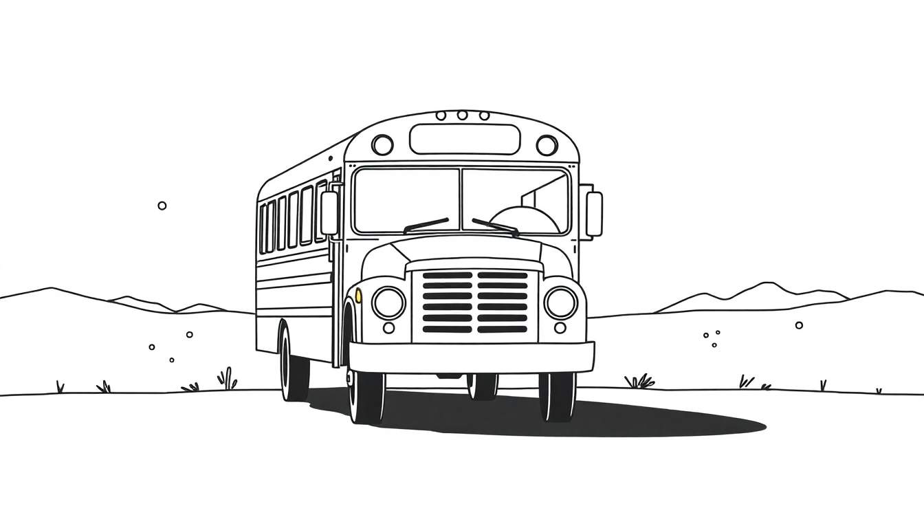 Minimalistische zwart-wit lijntekening van een Amerikaanse schoolbus in een open landschap met heuvels op de achtergrond. De bus is van voren gezien en heeft ronde koplampen en een grille.