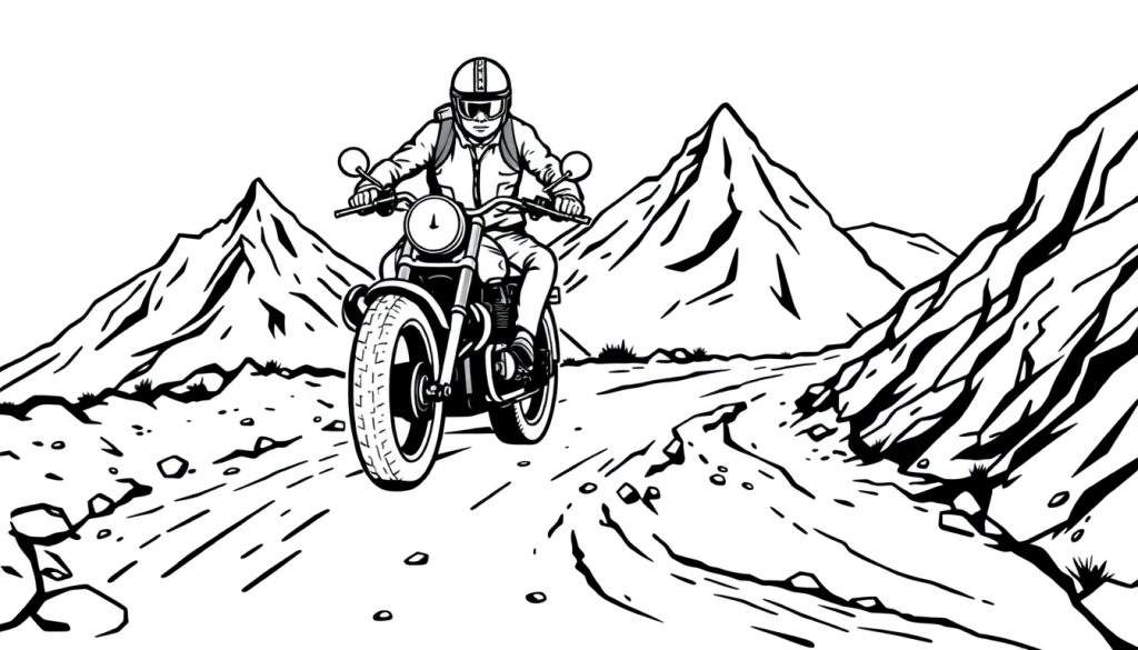 Schwarz-weiß-Malvorlage eines Motorradfahrers, der auf einer steinigen Bergstraße fährt, umgeben von schroffen Bergen.