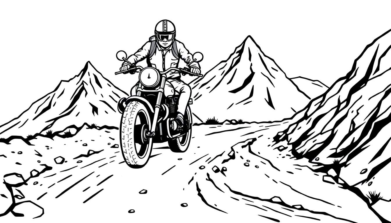 Schwarz-weiß-Malvorlage eines Motorradfahrers, der auf einer steinigen Bergstraße fährt, umgeben von schroffen Bergen.
