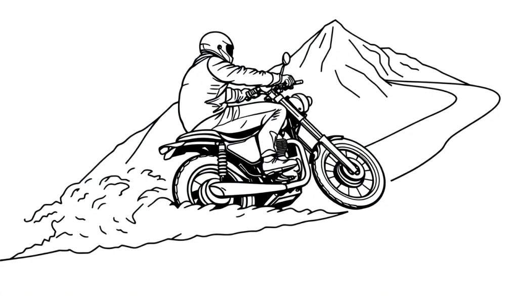 Schwarz-Weiß-Lithographie eines Motorradfahrers, der auf einem Feldweg in bergiger Landschaft fährt, mit Staubwolken hinter dem Motorrad.