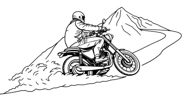 Schwarz-Weiß-Lithographie eines Motorradfahrers, der auf einem Feldweg in bergiger Landschaft fährt, mit Staubwolken hinter dem Motorrad.