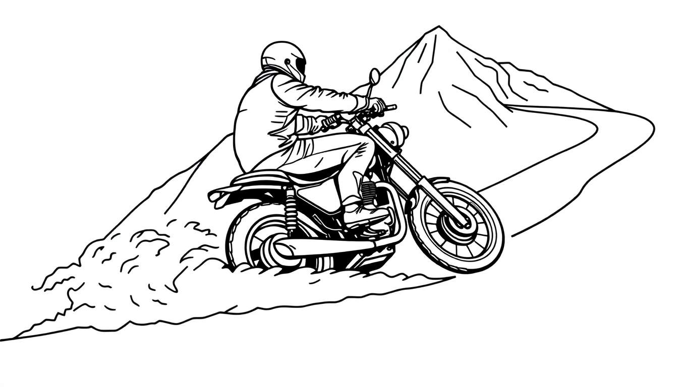 Schwarz-Weiß-Lithographie eines Motorradfahrers, der auf einem Feldweg in bergiger Landschaft fährt, mit Staubwolken hinter dem Motorrad.