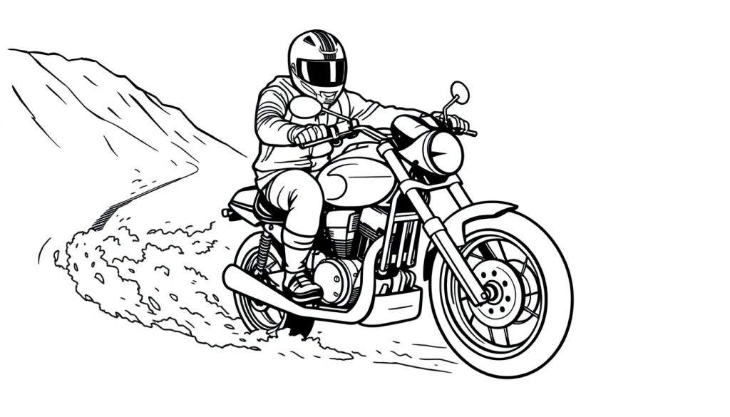 Malvorlage eines Motorradfahrers auf einer klassischen Maschine, die Staub aufwirbelt, während sie eine bergige Landschaft mit einer kurvigen Straße befährt.