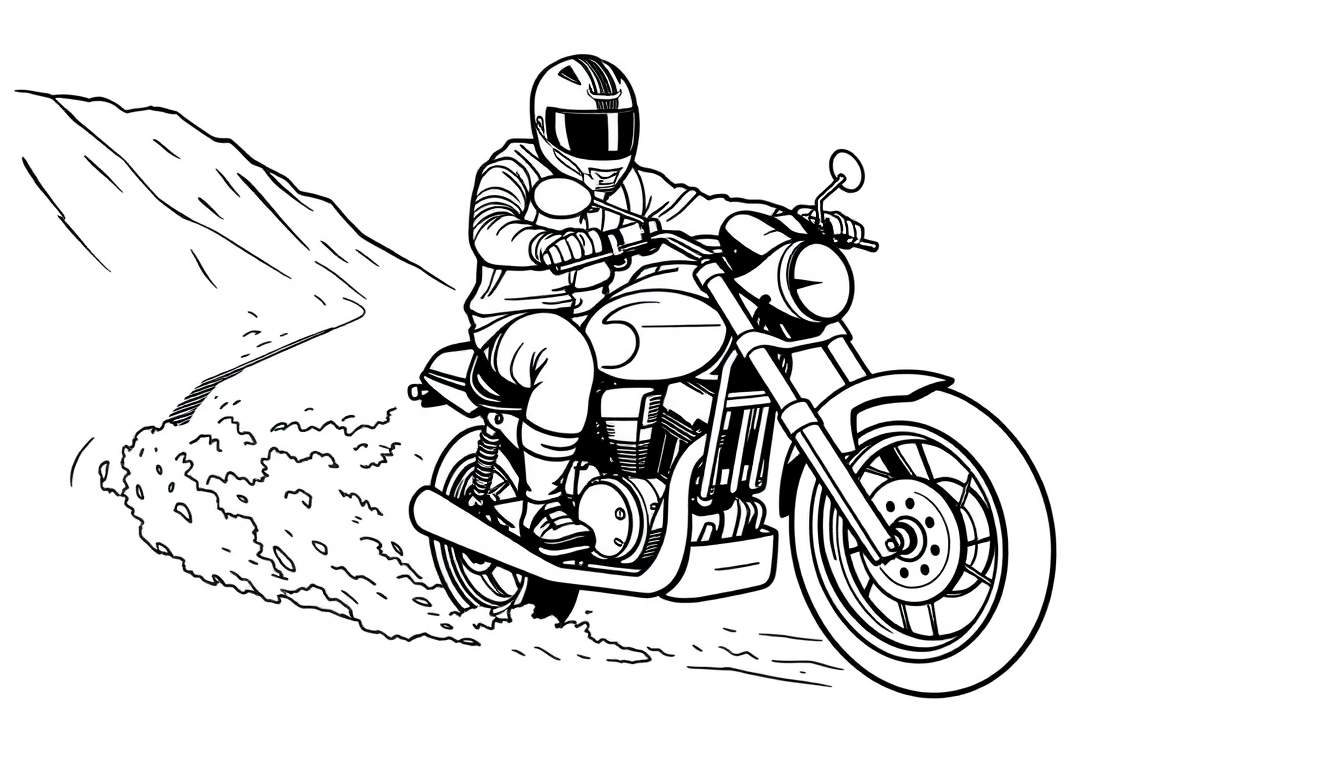 Malvorlage eines Motorradfahrers auf einer klassischen Maschine, die Staub aufwirbelt, während sie eine bergige Landschaft mit einer kurvigen Straße befährt.