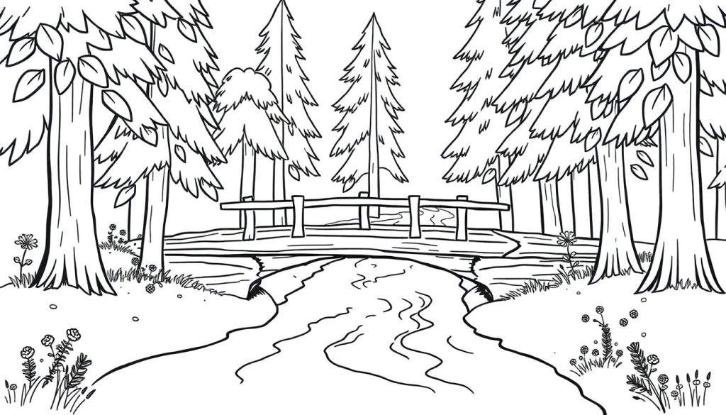 Zwart-wit lijntekening van een bosrijk natuurlandschap met een houten brug over een rivier, omringd door bomen en bloemen.