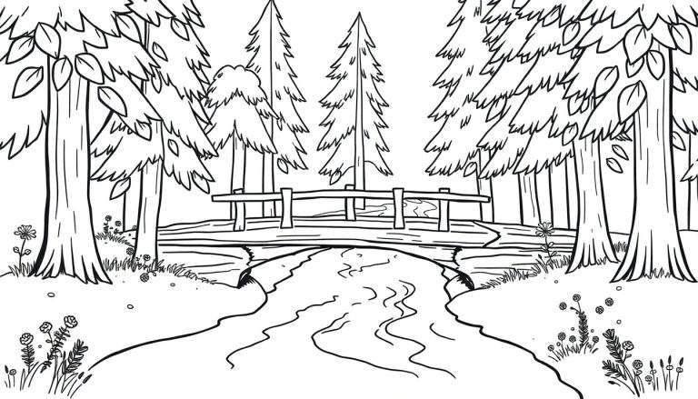 Zwart-wit lijntekening van een bosrijk natuurlandschap met een houten brug over een rivier, omringd door bomen en bloemen.