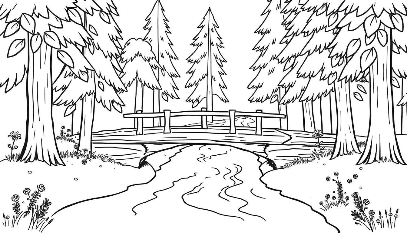 Zwart-wit lijntekening van een bosrijk natuurlandschap met een houten brug over een rivier, omringd door bomen en bloemen.