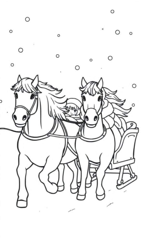 Kleurplaat met twee paarden die een slee trekken door de sneeuw, met een ingepakt kind in de slee en sneeuwvlokken die vallen.