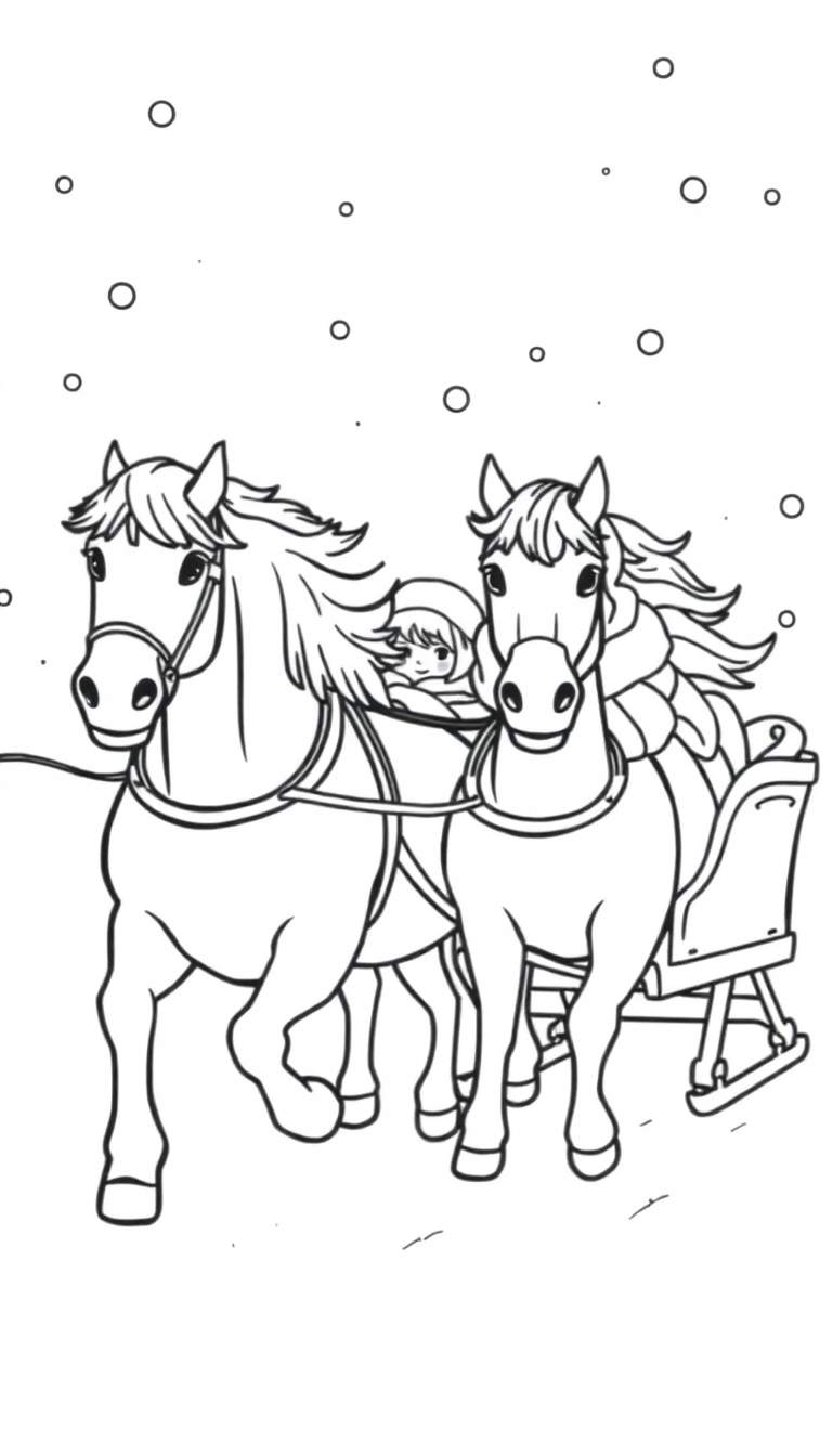 Kleurplaat met twee paarden die een slee trekken door de sneeuw, met een ingepakt kind in de slee en sneeuwvlokken die vallen.