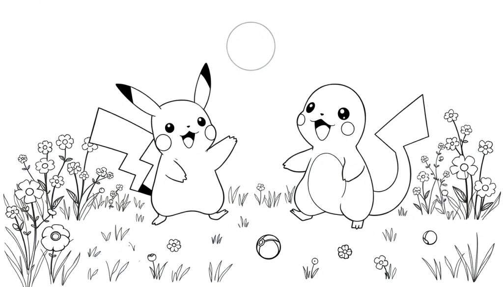 Kleurplaat van Pikachu en een vriendelijke, ronde Pokémon die blij in een bloemenveld staan, met een Pokébal op de grond en een zonnetje aan de hemel.