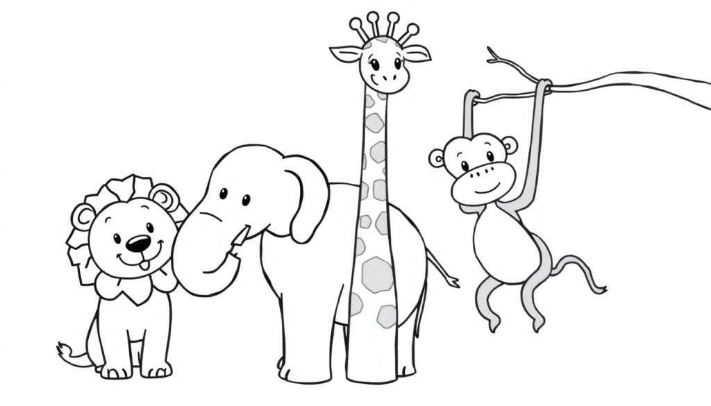 Kleurplaat van vier safari dieren: leeuw, olifant, giraffe en aap, met zwarte lijnen en grijze inkleuring.