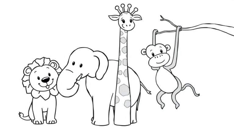 Kleurplaat van vier safari dieren: leeuw, olifant, giraffe en aap, met zwarte lijnen en grijze inkleuring.