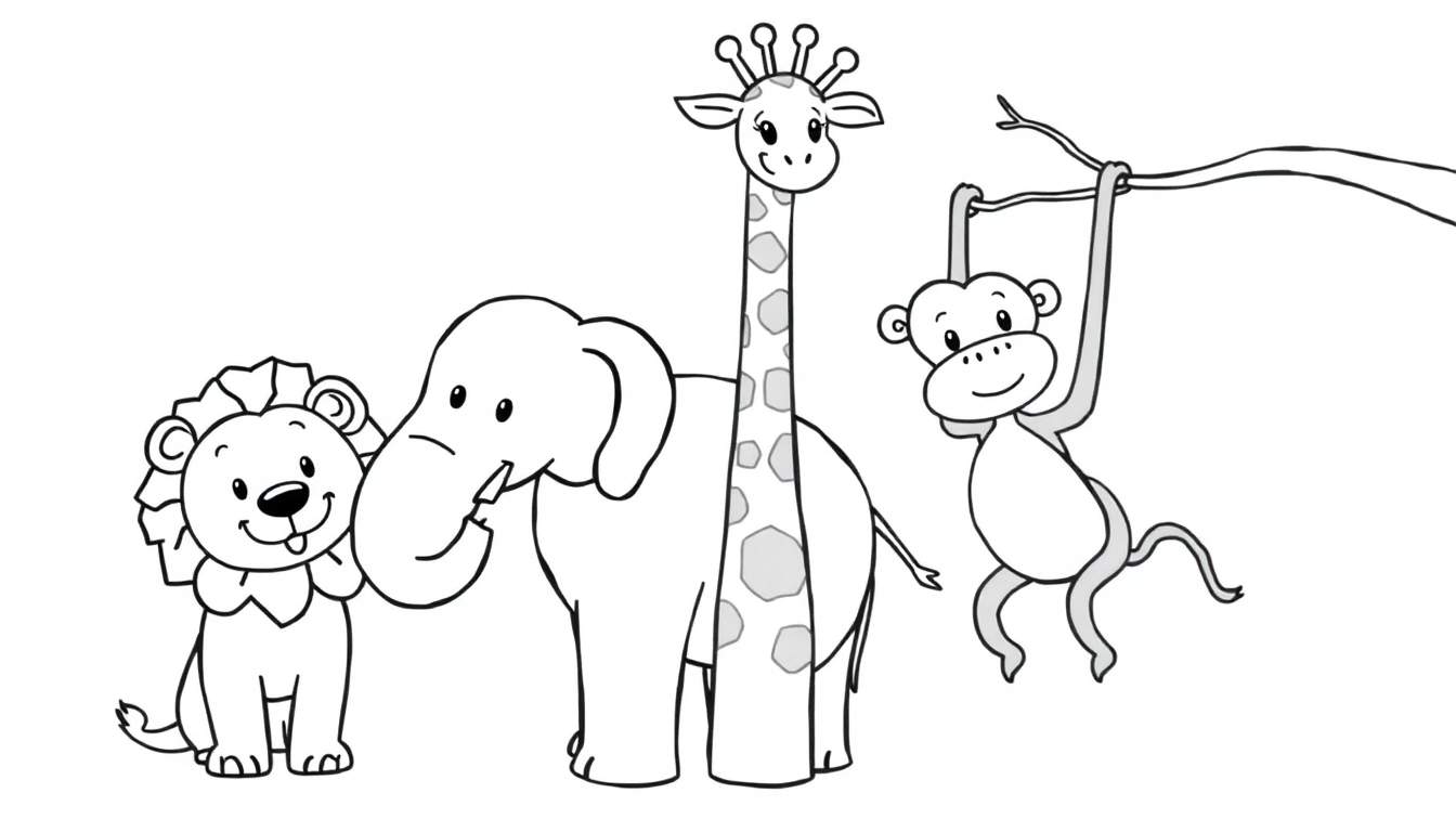 Kleurplaat van vier safari dieren: leeuw, olifant, giraffe en aap, met zwarte lijnen en grijze inkleuring.