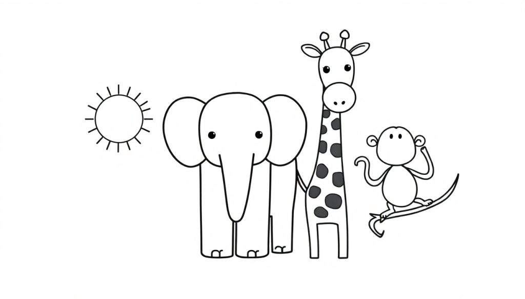 Kleurplaat van een cartoonachtige olifant, giraf en aapje met de zon.