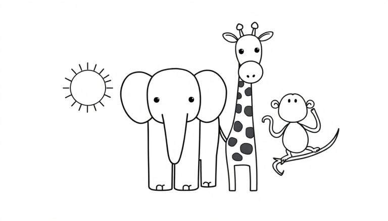 Kleurplaat van een cartoonachtige olifant, giraf en aapje met de zon.